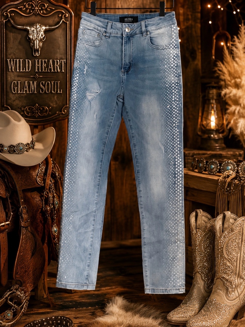 AKIRA Light Blue Embellished Skinny Jeans